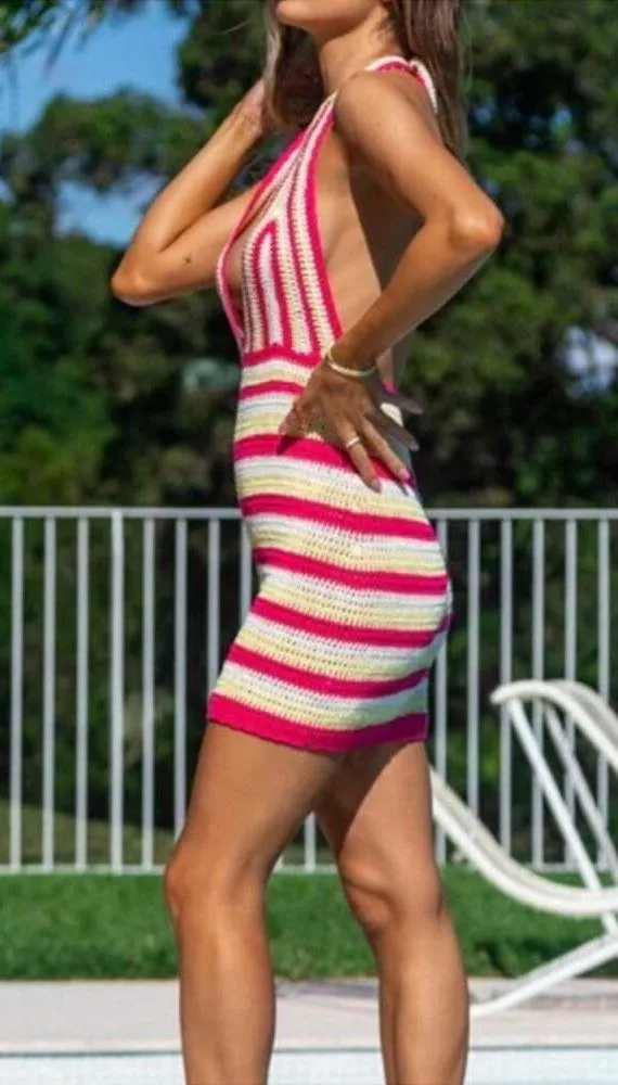 Beginning Boutique Whitsundays Crochet Knit Mini Dress Pink Yellow White 4 NEW - Image 4