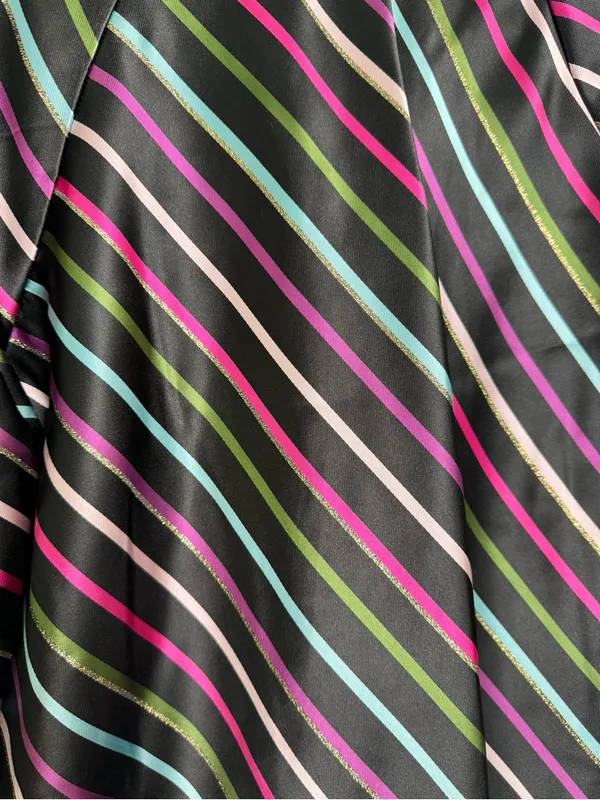kate spade Black Satin Tie-Neck Blouse with Pink, Green, Blue and White Stripes - Image 10