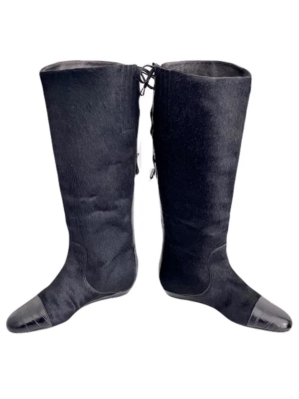 Migliorini Black Pony Hair Croc-Embossed Leather Corset-Back Boots, Size 7.5 - Image 5