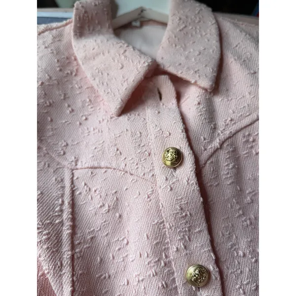 English Factory Jackie O Mod Textured Shift Dress Pink Gold Buttons M - Image 5