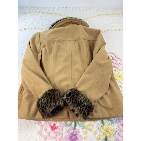 INC International Concepts Camel Wool Blend Leopard Faux‎ Fur Trim Pea Coat 2X - Image 9