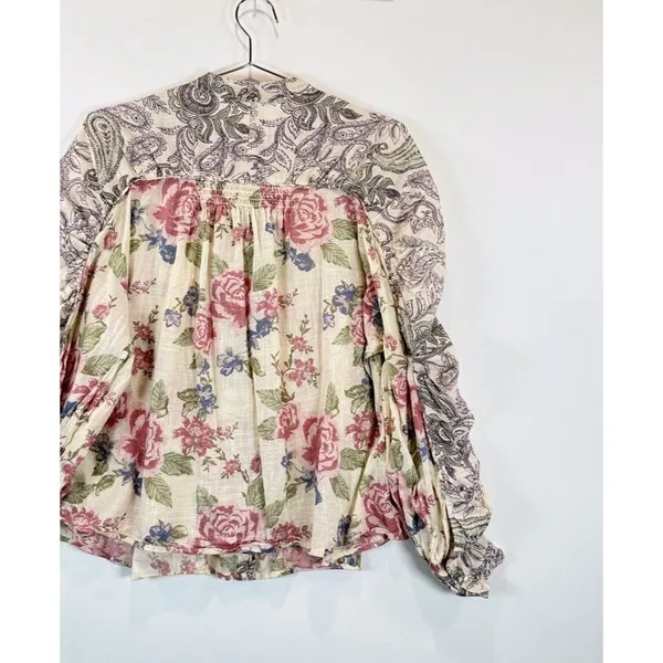 Free People Womens Beige Maraya Floral Paisley Puff Sleeve Blouse Boho Small - Image 10