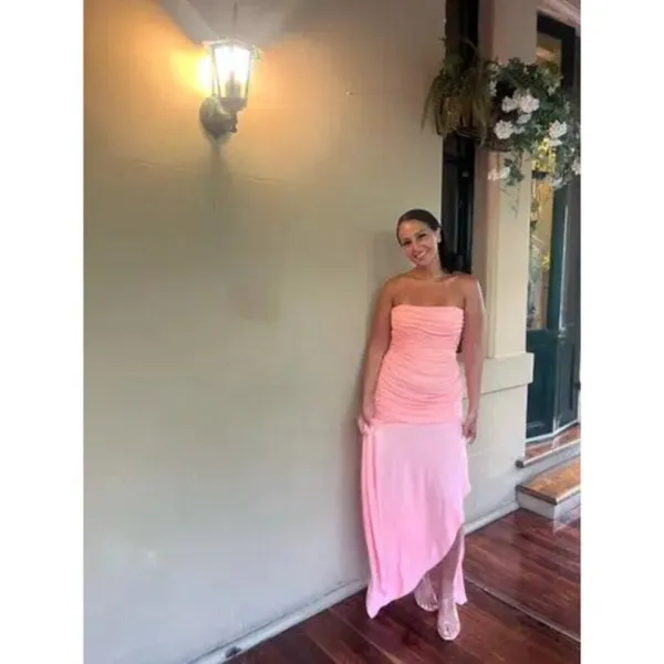 HOUSE OF CB Ivana Gathered Asymmetric Dress in Apricot Size Medium - Image 12