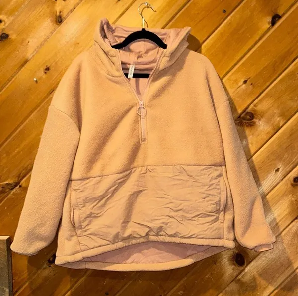 Fabletics Lotta Sherpa Half Zip Hooded Sweatshirt Jacket in peach tan - Image 5