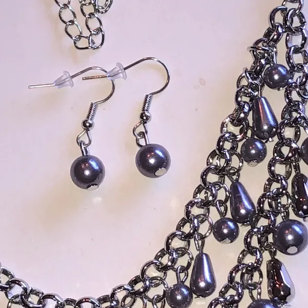 Silver Tone Light Purple Bead Multi-Strand Necklace & Earrings Set - Image 3