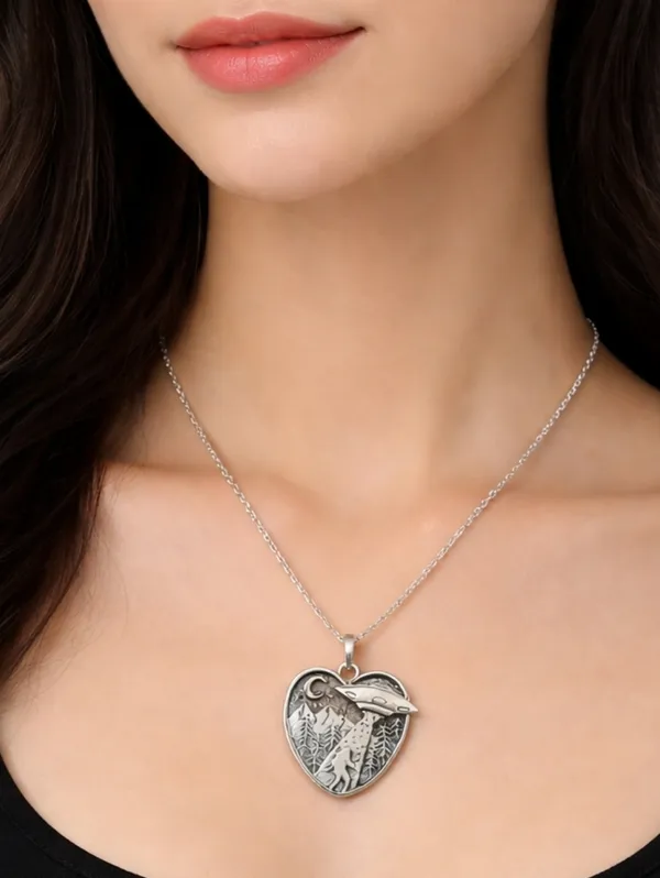 UFO Bigfoot Heart Pendant Necklace Silver Tone Sci-Fi Mystery Jewelry Sasquatch - Image 4