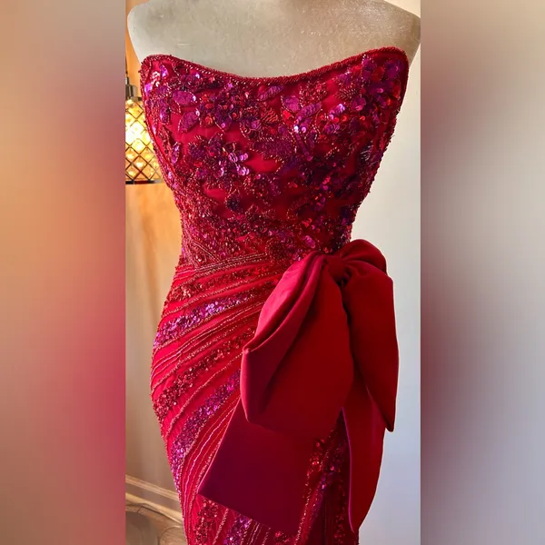 Sherri Hill Red/Fuchsia‎ Sweetheart Neck Beaded w/Bow Skirt Slit Homecoming Sz 4 - Image 8
