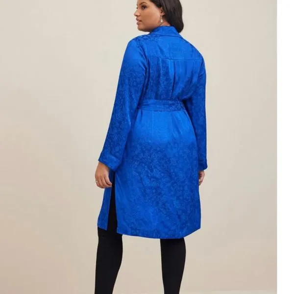 NWT Torrid Royal Blue Jacquard Tie Waist Open Front Trench Coat‎ 2X - Image 3