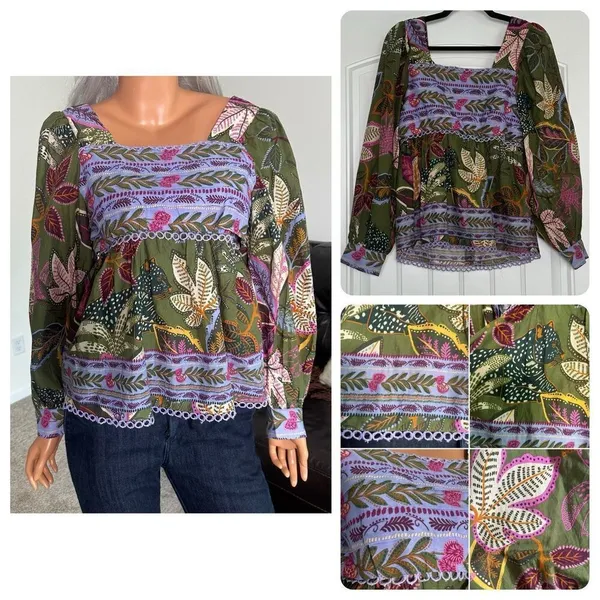 Farm Rio Blouse Top XS Green Jungle Fairy Boho Botanical Tropical‎ Praire Resort - Image 2