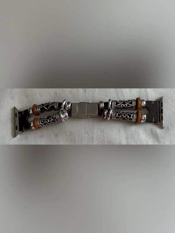 Stainless Steel Brown Leather and Silver Beaded Apple Watch Band Strap - Image 4