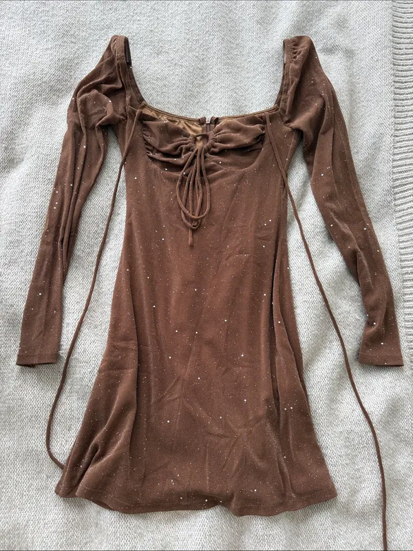 Princess Polly brown long sleeve sparkly mini dress - Image 2