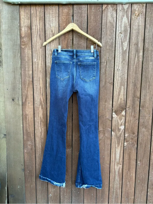 Kancan Dark Wash Distressed Button Fly Flare Jeans - Image 5