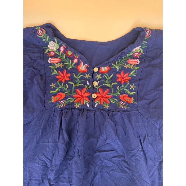 Unbranded Women NA Navy Blue‎ Floral Embroidered Boho Peasant Top Puff Sleeve - Image 2
