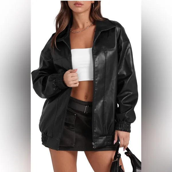 Sampeel Faux Leather Women’s Jacket‎ Medium Motorcycle Jacket Bomber Coat Winter - Image 2