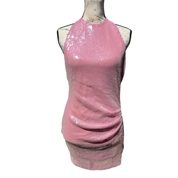 Superdown NWT Minkah Pink Sequin Halter Open Back Mini Dress Size S - Image 4