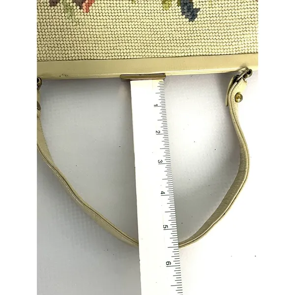 Vintage 50's Needlepoint Floral Purse Handbag Pockets Coin Purse Beige - Image 13