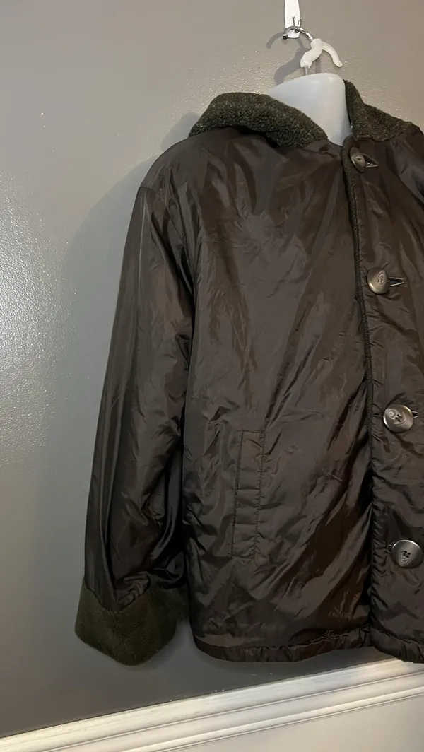 BB Dakota Jacket Womens Medium Olive Reversible Hooded Fleece Button 15099 - Image 6