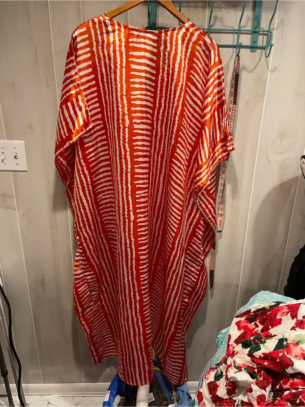 Cute silky orange white contrast tropical stripe kaftan beach pool lounge dress - Image 2