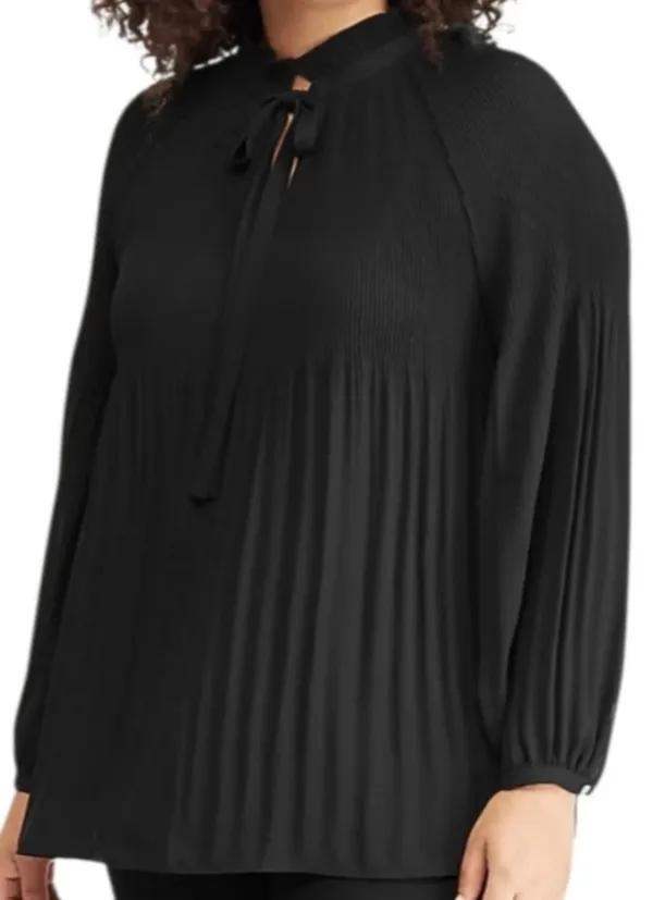 Ralph Lauren Pleated Georgette Tie Neck Blouse Large Black Long Sleeve Top Fancy - Image 2