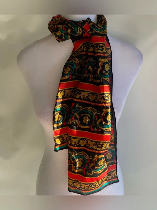 Vintage 80s Elaine Gold Silk neck scarf baroque pattern red gold green print - Image 6