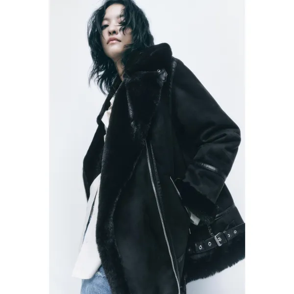 [Zara] Black Faux Fur Suede Double-Faced Oversized Moto Jacket Blogger Fave XS - Image 14