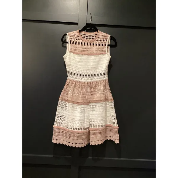 Alexis Embroidered Lace Melania sleeveless fit flare mini Dress White & Beige S - Image 2