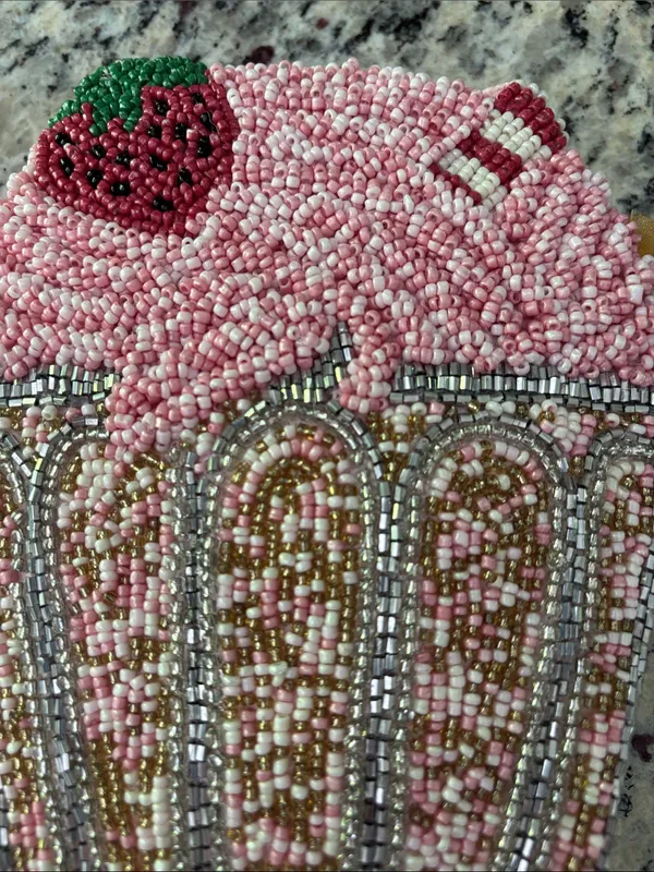 Made in India Beaded Pink and Silver Strawberry Milkshake Crossbody Bag - Image 12
