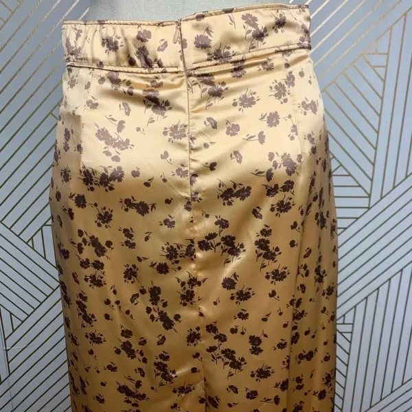 Zara Floral Print Slip Midi Skirt In Tan Gold Brown Satin Size‎ US Medium - Image 9