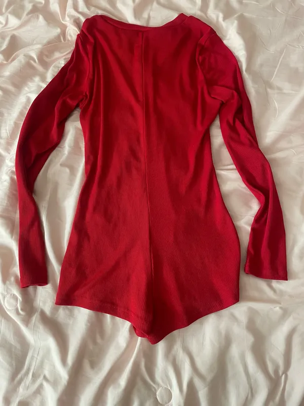 Red long sleeve one piece with button up detail - Image 2