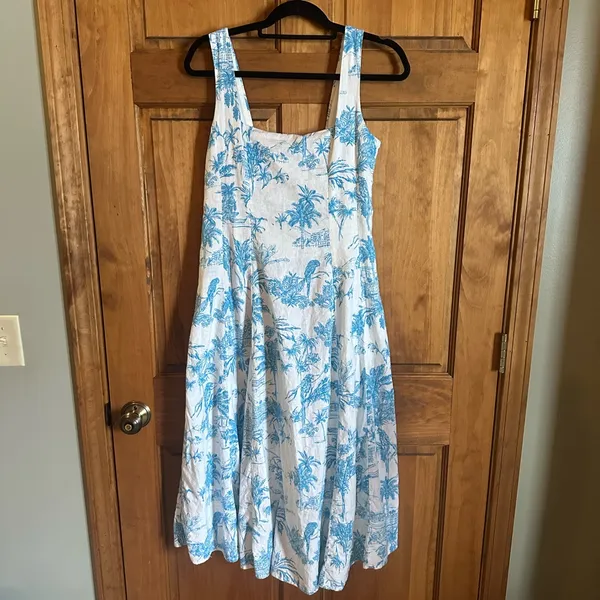 Joie White Midi linen blend beach Dress with Blue Botanical Print Size 6 - Image 3