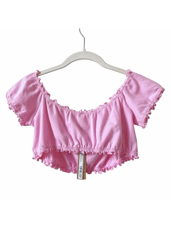 Skims Pointelle Logo Crop Top Bubblegum Size XL Off The Shoulder Colorful Celeb - Image 2