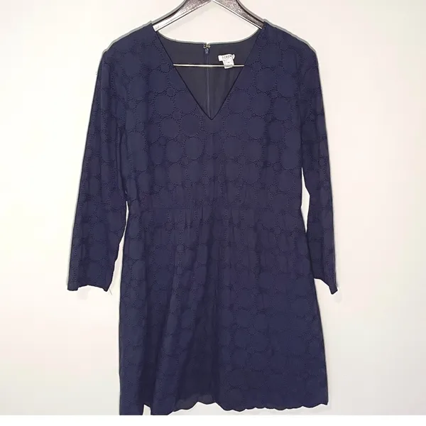 J Crew Navy Blue‎ Cotton Eyelet Dress V Neck 3/4 Sleeve Scalloped Hem Women's 14 - Image 2