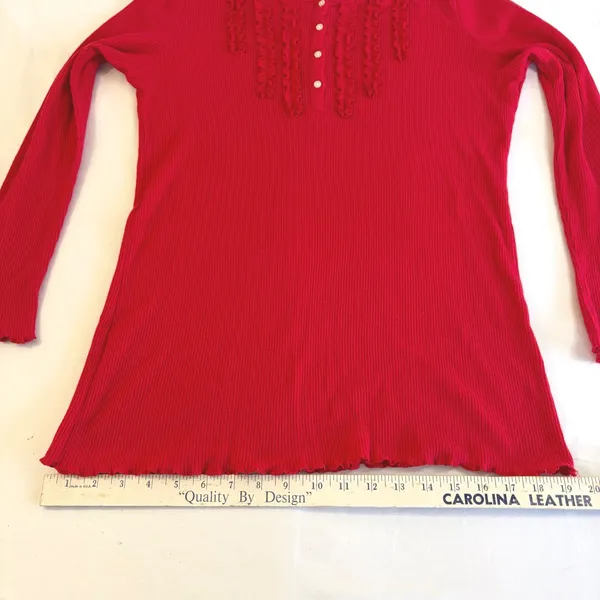 Lauren Ralph Lauren Red Thermal Waffle Knit Ruffle Henley Top Womens Size Medium - Image 9