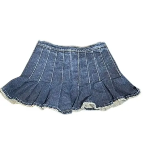 J. Galt Pleated Denim Mini Skirt Dark Wash Buckle Accent Raw Hem Small - Image 5