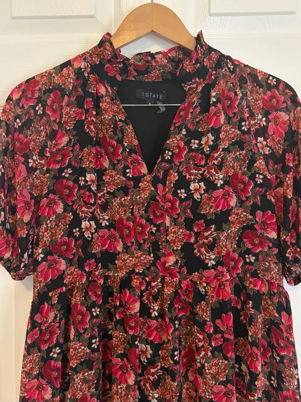 1. State Red Black Floral Puff Sleeve Dress Size Small Ruffle Babydoll Flowers - Image 3