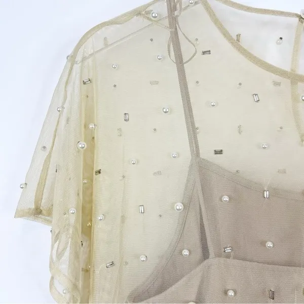 NWT ZARA Sheer Mesh Pearl Embellished Midi Dress Women's Size XS/S Tan‎ - Image 5