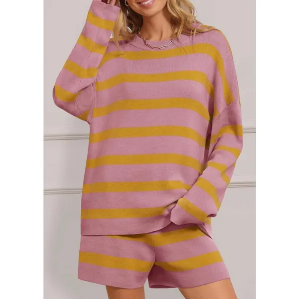 NEW 2 Pc Oversized Sweater Lounge Set Striped Long Sleeve Shorts L - Image 5