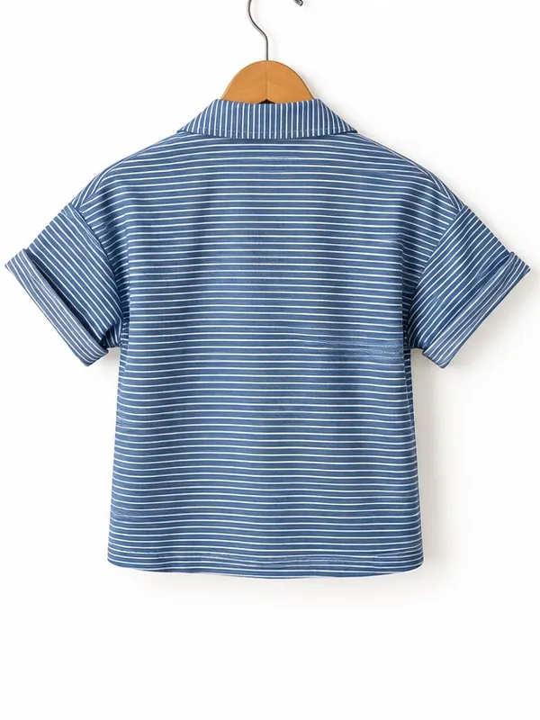 SABO SKIRT Oversized Blue & White Striped Button-Down Short Cuff Sleeve Blouse - Image 5