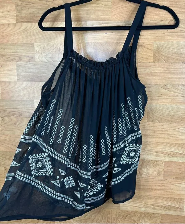 Cecico Sheer Tank Blouse w/Embroidery and a keyhole front tie Black - Image 3