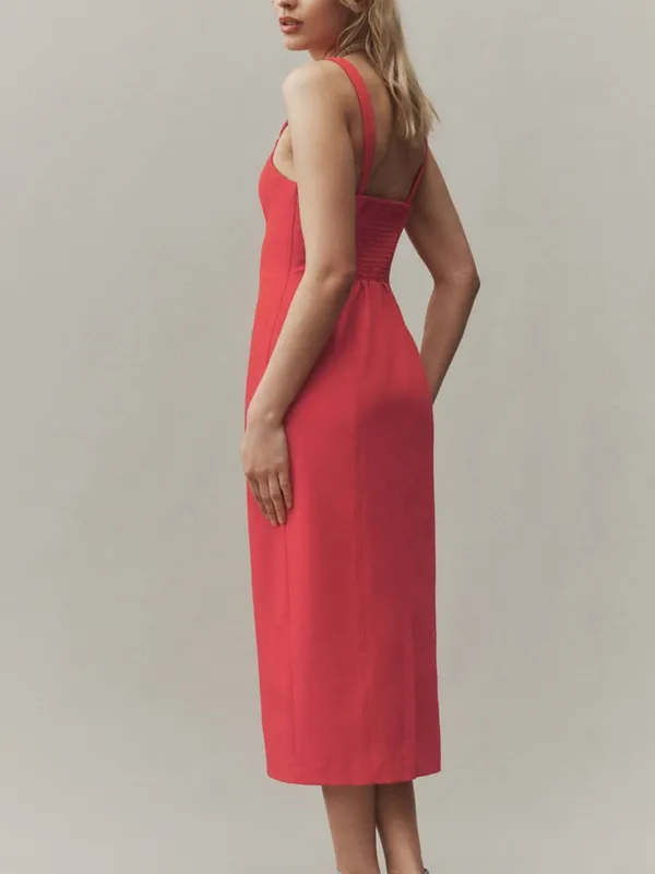 BHLDN Anthropologie Women’s Sage Sweetheart Stretch Crepe Red Midi Dress Sz M - Image 6