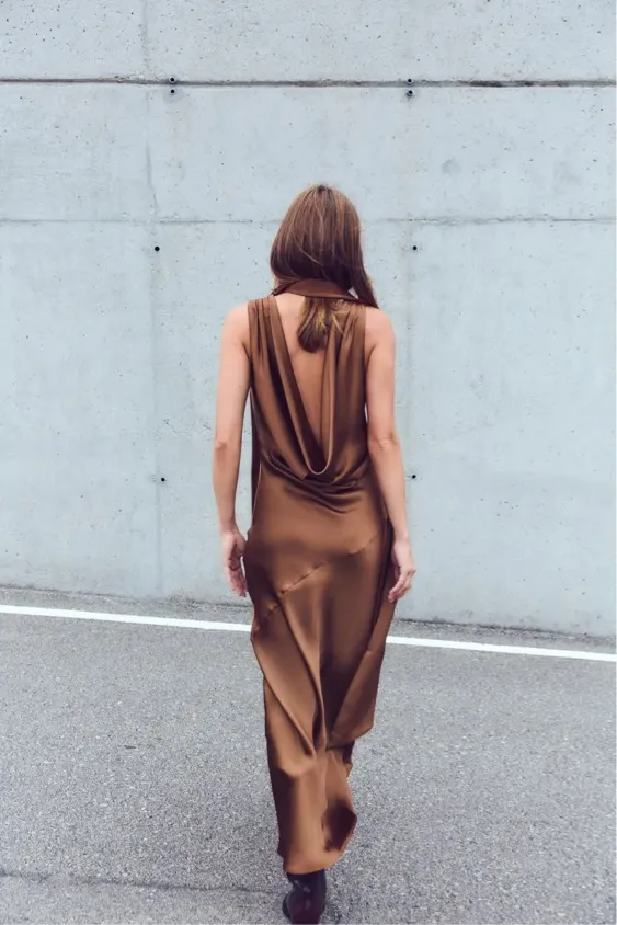 Zara maxi halter scarf satin plunge neck Brown Evening Wedding - Image 9