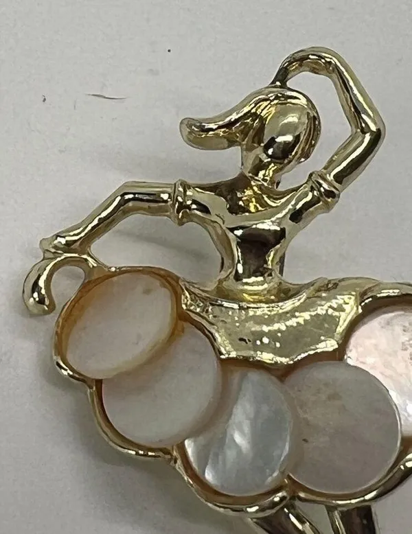 Vintage Gold-Tone Ballerina Brooch With Mother Of Pearl Accents Tutu 1 7/8" - Image 2