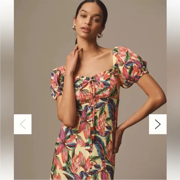 Farm Rio x Anthropologie Puff-Sleeve Sweetheart Linen‎ Midi Dress size XS - Image 2