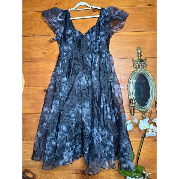 NWT Lulus Mesmerizing Mood Black Floral Organza Ruffled A-Line Midi Dress Sz XXL - Image 2