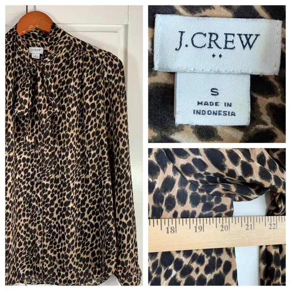 J. Crew Leopard Print Bow Neck‎ Long Sleeve Secretary Blouse Women's Size Small - Image 2