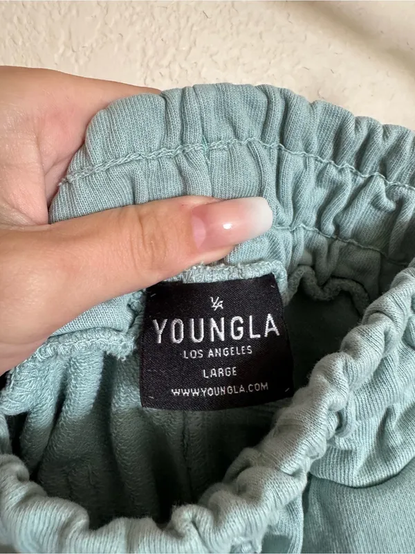 YoungLA shorts size large raw‎ hem drawstring green Blue - Image 3
