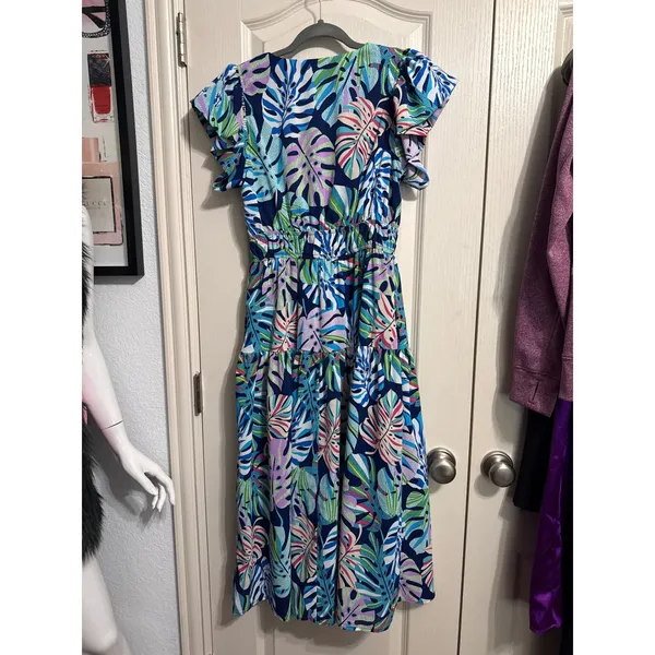 Entro Tropical Monstera Leaf Flutter Sleeve Tiered Midi Dress Maximalist‎ Resort - Image 4