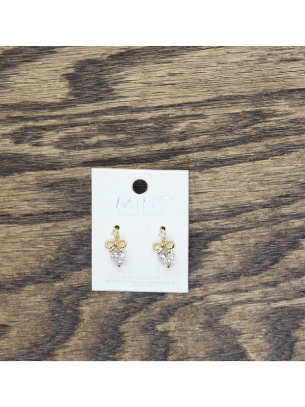 NWT Mint Womens Fashion Bow Ribbon Elegant Post Drop Earrings Gold / Clear .50" - Image 3