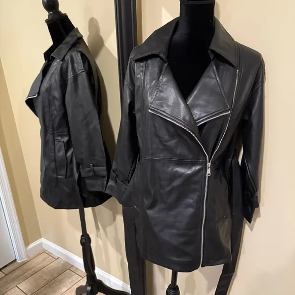 Faux Leather Jacket Pu Leather Coat Trench Parka Fall Coat Motorcycle Jacket Black Size XS - Image 5