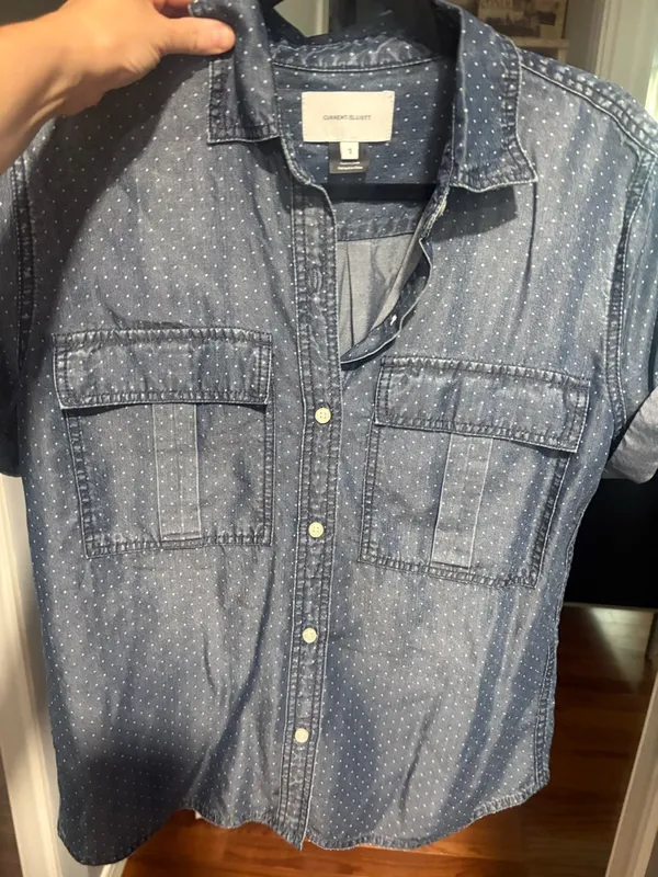 Current/Elliott Indigo Short-Sleeve Dot Button-Down Shirt - Image 4